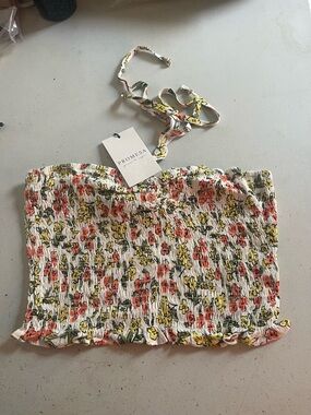 Promesa White Smocked Floral Tube Top with Yellow & Coral Blooms